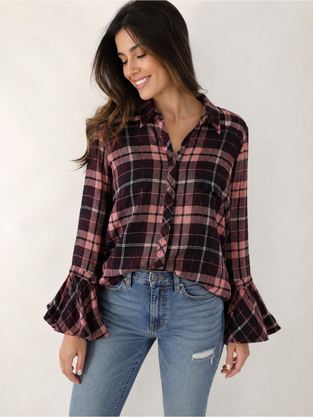 beachlunchlounge Pink and Black Plaid Bell-Sleeve Button-Down Shirt - Picture 7 of 11